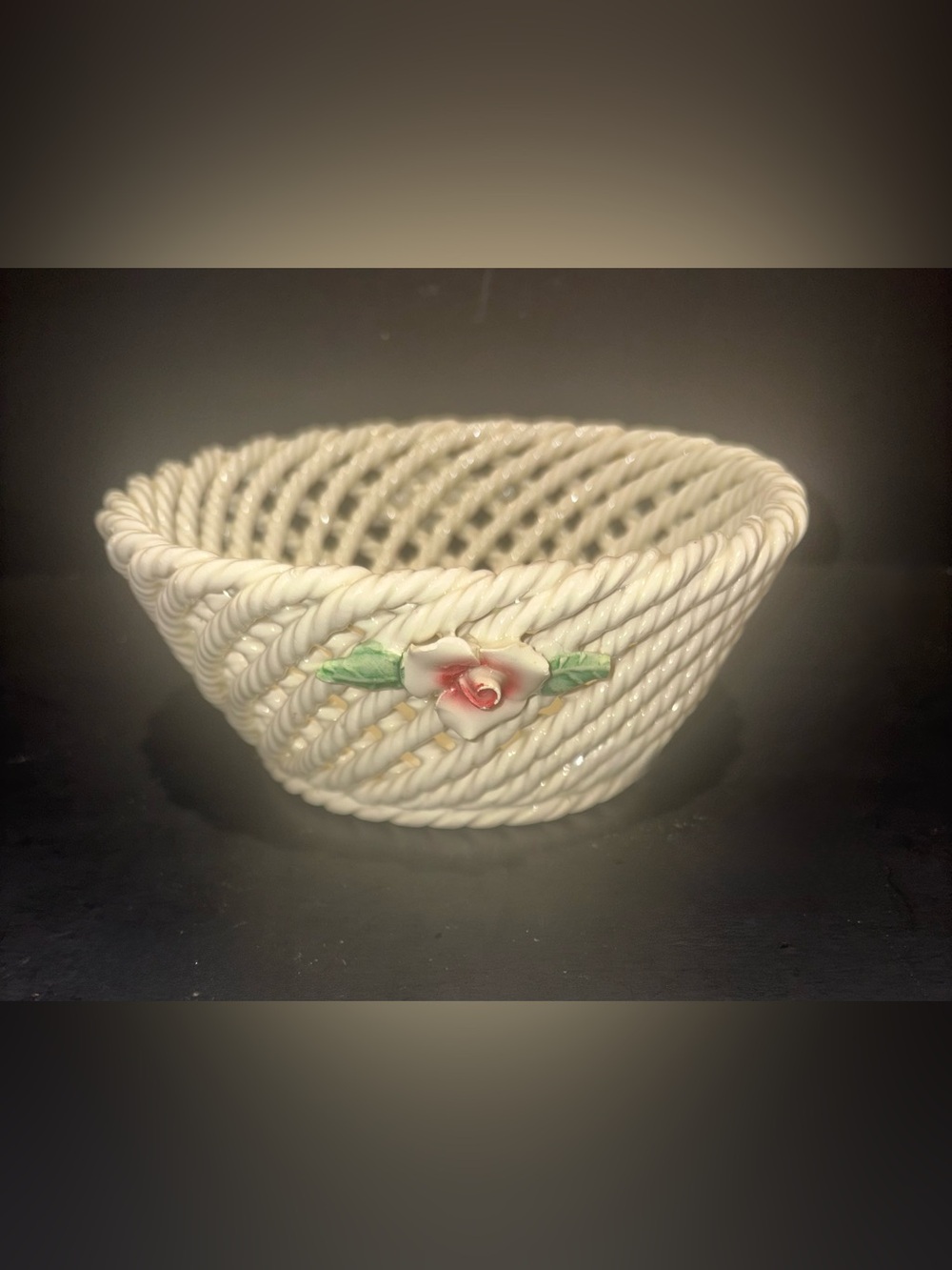 White Ceramic Rope Basket with Pink Rose Accent